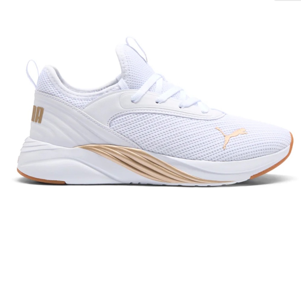 Puma White and Gold Sneakers with Breathable Mesh and Cushioned Midsole